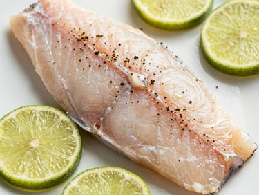 Overhead shot of fresh fish fillet seasoned with herbs and lime slices, bright natural light.