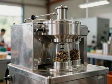 Spotless stainless steel spice blending machinery in a modern Costa Rican manufacturing facility, bright clean lighting.