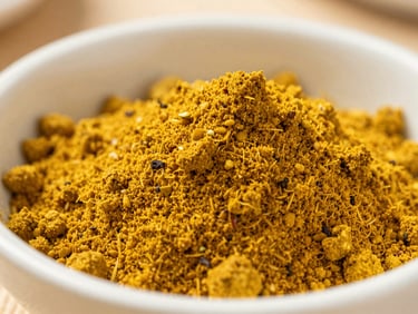 Macro photograph of a vibrant yellow curry and seasoning powder mix, shallow depth of field, natural light.