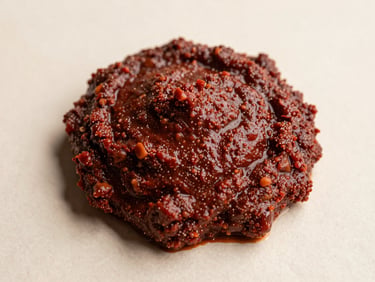 Overhead view of rich red traditional achiote paste on a clean light background, warm lighting