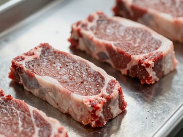 Macro shot of seasoned raw beef cuts on a clean stainless steel prep table, soft natural light.