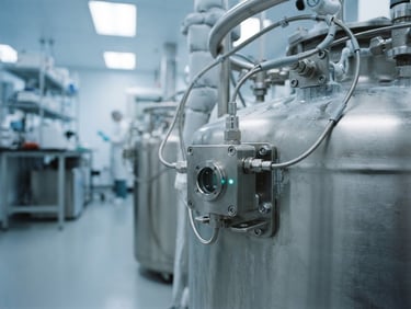sterile clinical photography, cool laboratory lighting, precise technical details, stainless steel and glass, sharp focus, 35mm. Close-up of digital sensor hardware mounted on a stainless steel cryo-preservation tank, subtle teal indicator light glowing, background showing cleanroom environment with soft blue undertones.