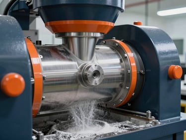 Close-up of a pulverizing machine's grinding chamber, showing fine powder output, clean industrial environment, technical lighting, safety orange accents.
