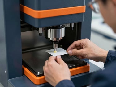 Technician placing a sample into a hydraulic press pellet machine, focus on precision and clean operation, industrial lighting, safety orange accents.