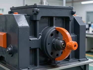 Industrial jaw crusher in a clean laboratory setting, focus on robust steel construction and safety features, high contrast, technical detail, safety orange accents.