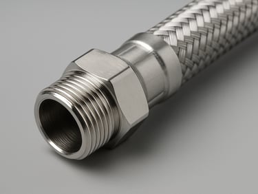 Technical product photography of plumbing connector threads and steel braided hose end, neutral background