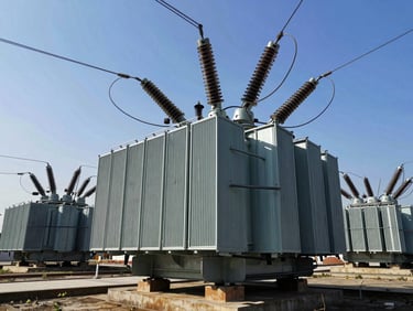 Wide cinematic shot of massive electrical power transformers under intense midday sun, shimmering heat waves, high-contrast shadows, industrial scale