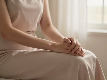 A woman's hands gently clasped on her lap, conveying introspection and concern, soft diffused light, muted tones.