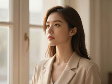 Elegant woman looking confidently into the distance, symbolizing hope and positive outcomes, shallow depth of field, warm light.