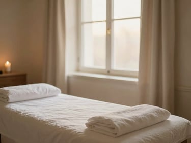 Soft-focus image of a serene, uncluttered private room in a luxury spa, emphasizing discretion and tranquility, warm lighting.