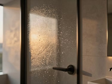 Modern minimalist bathroom door in a luxury villa, water droplets on the sleek surface showing water resistance, elegant design.