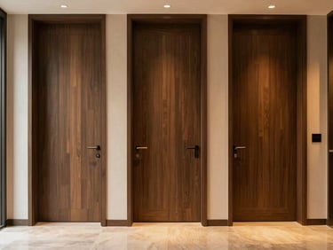 A series of elegant doors aligned in a luxury hotel corridor, straight-on architectural perspective, warm lighting.