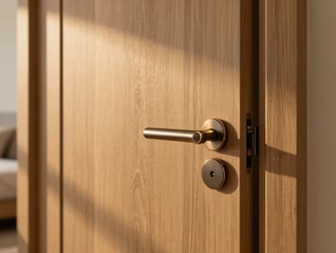 Close-up of a luxury bedroom door with a premium oak wood-grain polymer texture, warm interior lighting, elegant handle.