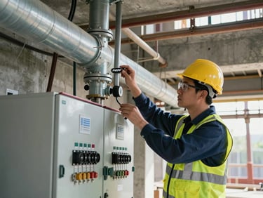 Close-up of an MEP engineer in high-vis gear inspecting a complex overhead ductwork run and electrical switchgear on an active concrete construction site, sharp daylight.