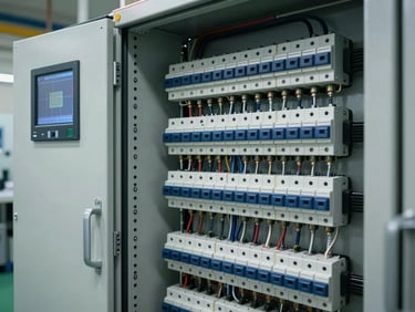 A complex electrical switchgear panel inside a commercial facility, showing clean wiring, circuit breakers, and digital monitoring screens.