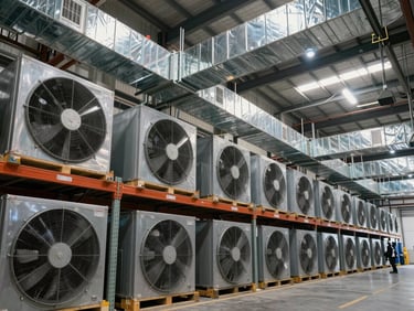Interior of a massive logistics warehouse with neat rows of high-volume overhead ductwork runs and industrial ventilation fans.