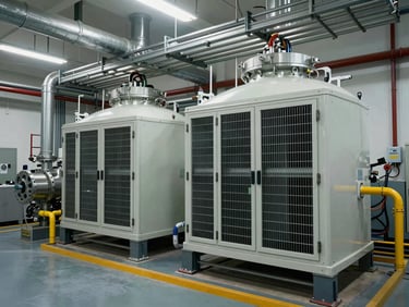 Wide-angle view of a massive commercial mechanical room with dual 400-ton water chillers, color-coded piping, and overhead cable trays.