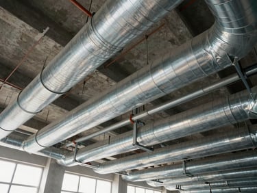 Wide environmental shot of overhead mechanical ductwork and complex piping runs in a modern commercial building under construction, crisp natural lighting