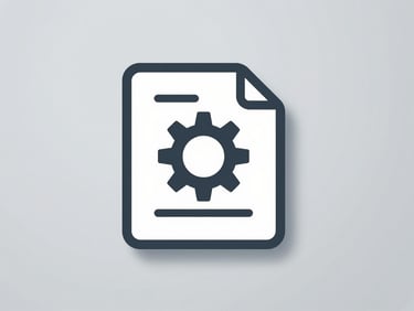 Flat minimalist vector icon of a document with a gear symbol on a light gray background.