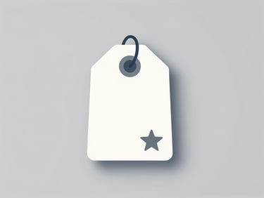 Flat minimalist vector icon of a shopping tag with a small star on a light gray background.