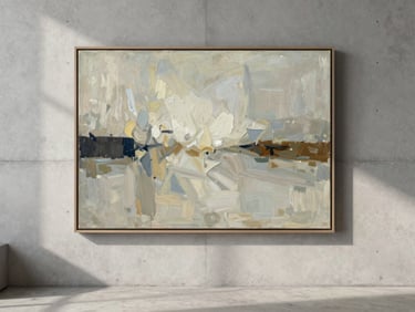 A minimalist sunlit living room with a large framed abstract oil painting hanging on a concrete wall, soft side light emphasizing the canvas texture, 50mm lens.