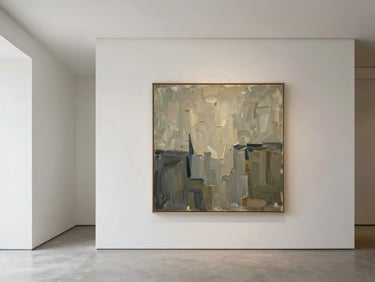 Minimalist, architectural residential space with soft side-lighting showcasing a large oil painting with heavy, visible brushstroke textures.