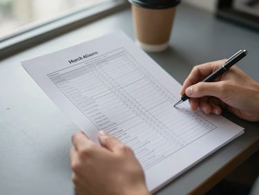 Close documentary detail: hands holding a printed candidate pipeline spreadsheet on a desk, a coffee cup blurred in the background, daylight from a nearby window, no faces visible, focus on the document and hands