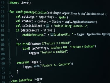 Sleek low-key studio shot of clean Kotlin code on a high-contrast dark IDE interface with electric green syntax highlighting.