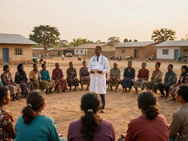 Environmental portrait of a local health worker conducting a workshop in a village square, community members actively participating, warm golden-hour light, respectful framing.