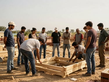 Wide shot of community members and local leaders collaborating on a construction project, building a small, sustainable structure, natural daylight, showing agency and collective effort.