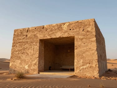 Architectural rendering of a desert pavilion with massive rammed earth walls under low golden sun