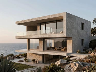 Architectural rendering of a brutalist-inspired villa overlooking the Mediterranean sea, soft morning light