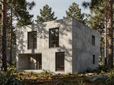 Architectural rendering of a concrete residential structure nestled in a pine forest, dramatic shadows