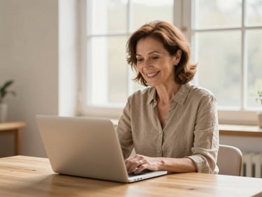 Mujer sonriente de cincuenta años con una laptop en una mesa de madera clara, símbolo de claridad financiera, luz natural de ventana, tonos cálidos, fotografía editorial, 35mm
