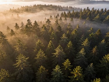Cinematic wide aerial shot of misty pine forest at sunrise, golden light breaking through fog