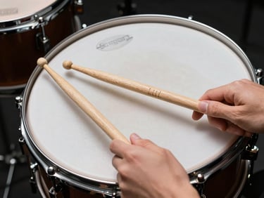 Extreme close-up of hands gripping drumsticks resting on a snare drum head, overhead studio strobe lighting, drum hardware in sharp focus, clean white surface background
