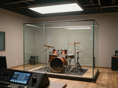 Wide studio interior shot showing isolation booth glass and a drum kit inside, recording console visible in foreground, clean overhead fluorescent light, no performer visible