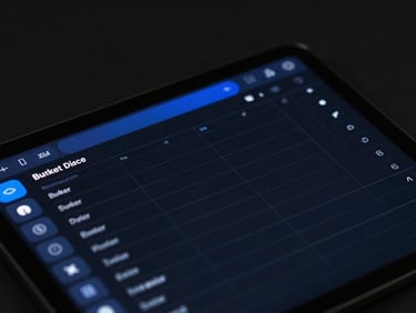 Close-up of a tablet screen displaying a dark-mode digital budget planner, crisp lines, electric blue accents, low-key studio lighting, focus on financial tracking UI.