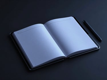 Angled shot of an open digital journal on a tablet, dark mode, minimalist design, stylus pen nearby, soft blue light reflecting on screen.