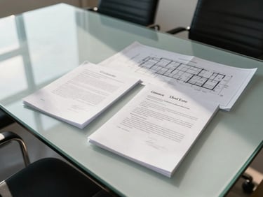 Bright, high-angle interior of a professional meeting room in Ciudad del Este, clean glass table with signed legal contracts and architectural blueprints, sunny day lighting