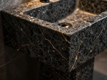 Close-up of a custom sculpted porcelain sink with precise mitered joints and continuous veins, dark stone texture