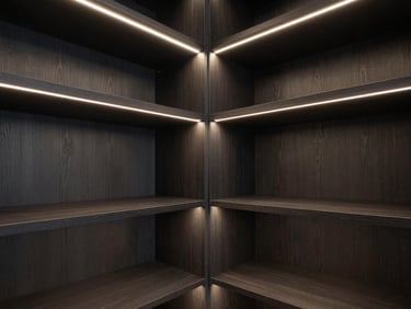 Wide-angle architectural shot of a luxury closet with integrated LED lighting, dark wood shelves, flawless mitered edges, sharp focus