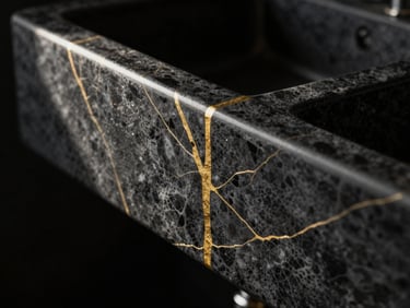 architectural interior photography, dramatic side-lighting, high-contrast black and gold tones, sharp focus on textures, 35mm lens. Macro close-up of a flawless 45-degree mitered joint on a dark porcelain sink, subtle gold metallic veins catching side light.