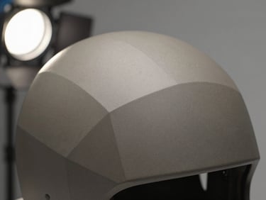 Close-up overhead shot of a geometric helmet stand surface, matte warm-gray finish, fine texture detail visible, studio strobe light from upper left, minimal background