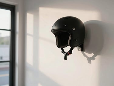 Environmental shot of a spare minimalist hallway, a helmet stand mounted on a clean white wall with a matte black motorcycle helmet resting on it, warm afternoon light from a side window, no clutter
