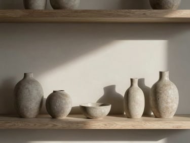 Wide environmental shot of a modern living room shelf, a set of sculptural home accessories in warm greige tones arranged with intention, controlled north-facing daylight, sparse composition, no decorative clutter