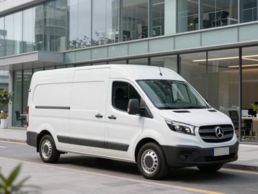 A pristine corporate delivery van parked outside a modern glass-facade office building, professional logistics, daytime