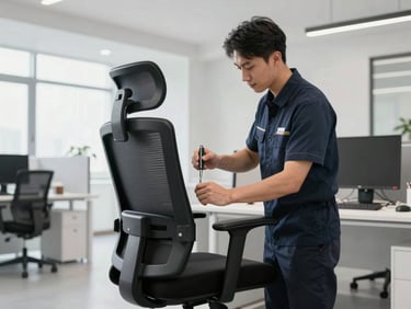 Professional technician in corporate uniform assembling an ergonomic office chair with precision tools, clean modern workspace background