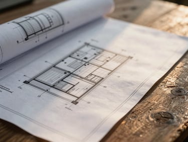 Macro detail of architectural blueprints resting on a rustic timber table, soft natural golden hour light filtering from the side.