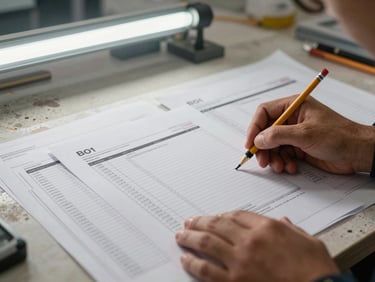 Close-up of a technician's hands reviewing a printed BOQ document on a site table, pencil marks visible, construction drawings spread beneath, harsh fluorescent site lighting, Dubai fit-out project environment